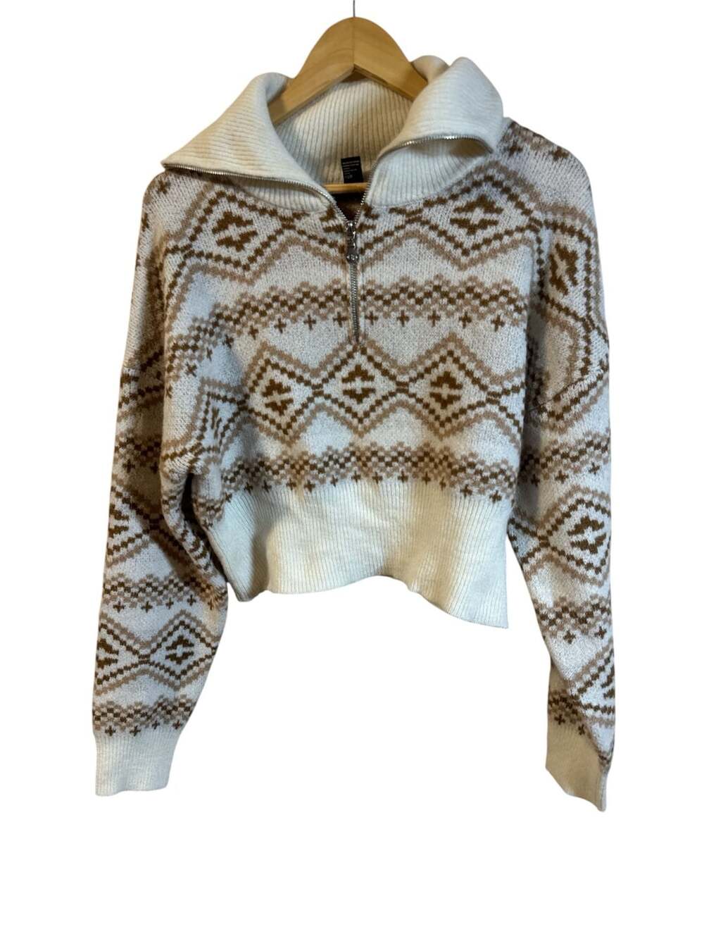 Forever 21 Fair Isle Half-Zip Pullover Sweater Cream Brown Medium NWT